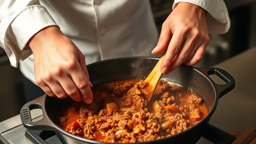 Chef's hands stirring simmering sloppy joe sauce in cast iron skillet, caramelized onions and ground beef visible, steam rising, professional kitchen setting, warm golden lighting