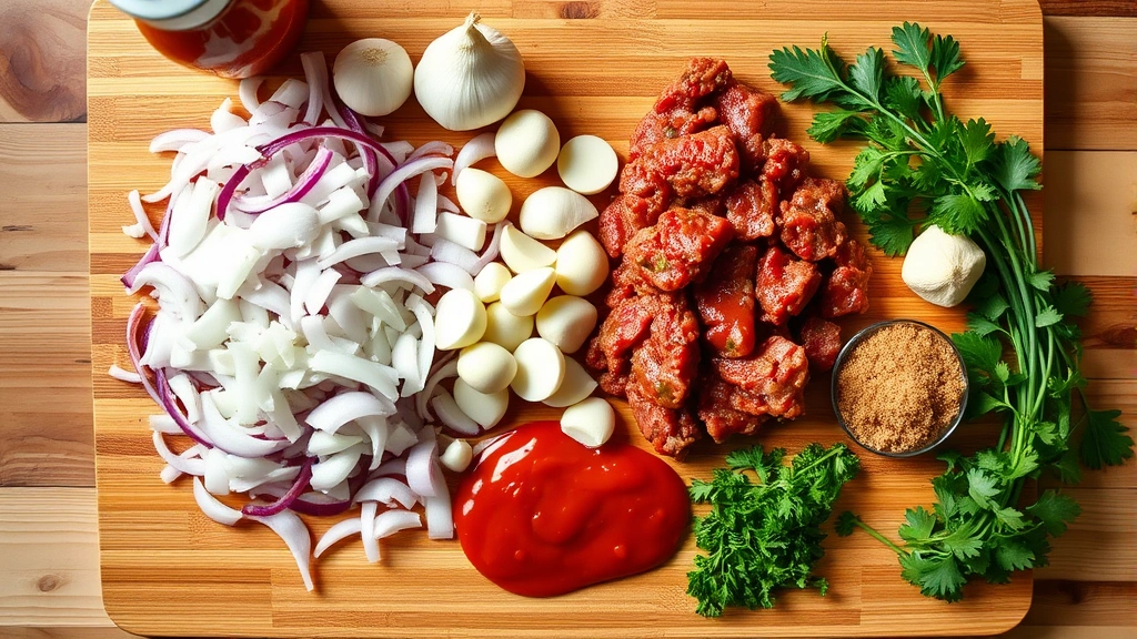 Overhead spread of sloppy joe ingredients artfully arranged on wooden cutting board: ground beef, diced onions, garlic cloves, tomato sauce bottle, ketchup, mustard, brown sugar, fresh herbs, bright kitchen countertop