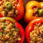 Overhead shot of four vibrant colorful bell peppers filled with golden-brown seasoned meat and rice mixture, garnished with fresh green herbs, steam rising, warm kitchen lighting, photorealistic food photography