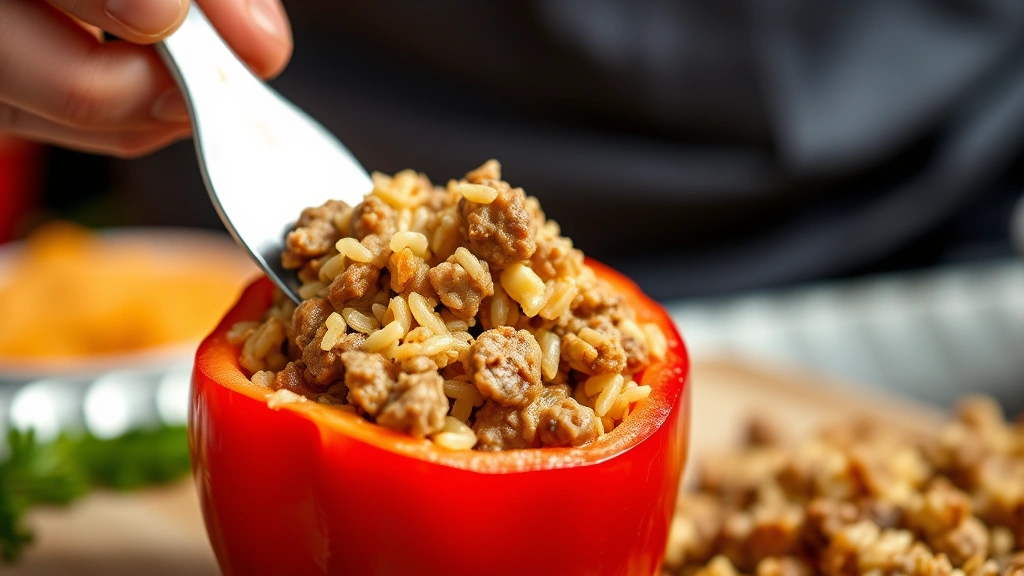 Close-up of hands carefully spooning savory ground meat and rice filling into a hollowed red bell pepper, golden-brown cooked filling visible, bright natural kitchen light, detailed culinary action shot