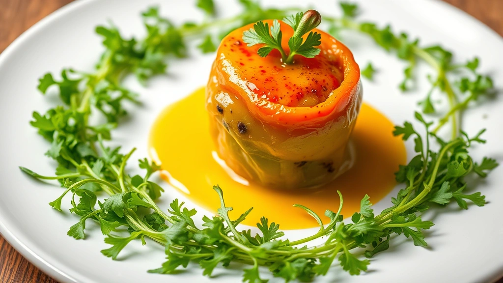 Beautiful plated presentation of a single stuffed bell pepper on white ceramic plate surrounded by fresh arugula and microgreens, golden sauce drizzle, garnished with fresh parsley, professional restaurant-style food photography