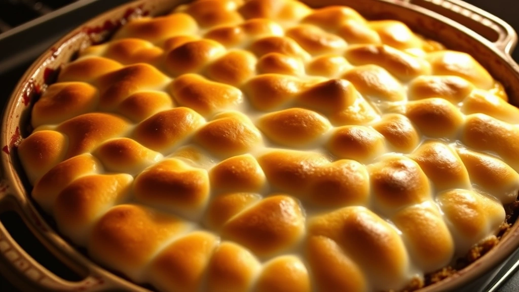 Golden-brown marshmallow topped sweet potato casserole fresh from the oven, creamy filling visible at edges, warm autumn lighting, rustic ceramic baking dish