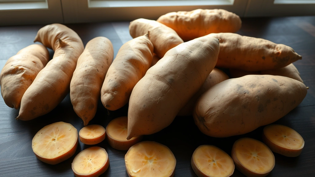 Whole fresh sweet potatoes in various sizes arranged on dark wooden surface, natural skin texture visible, soft natural window light creating shadows