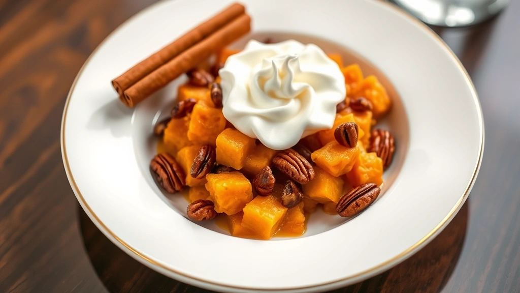 Elegant plated individual serving of sweet potato casserole with candied pecans, dollop of whipped cream, garnished with cinnamon stick, fine dining presentation