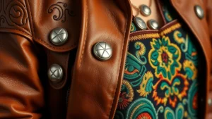 Close-up of rich cognac leather jacket with intricate hand-tooled details and silver concho buttons, draped over embroidered Mexican blouse with vibrant thread work in emerald and gold tones, warm studio lighting highlighting craftsmanship