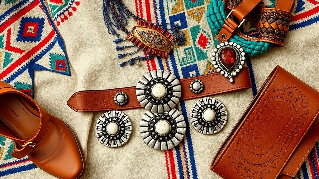 Fashion flat lay featuring vintage Mexican textile with geometric embroidery patterns in jewel tones, aged leather concho belt with substantial silver hardware, turquoise and amber statement jewelry, and woven leather accessories arranged artfully