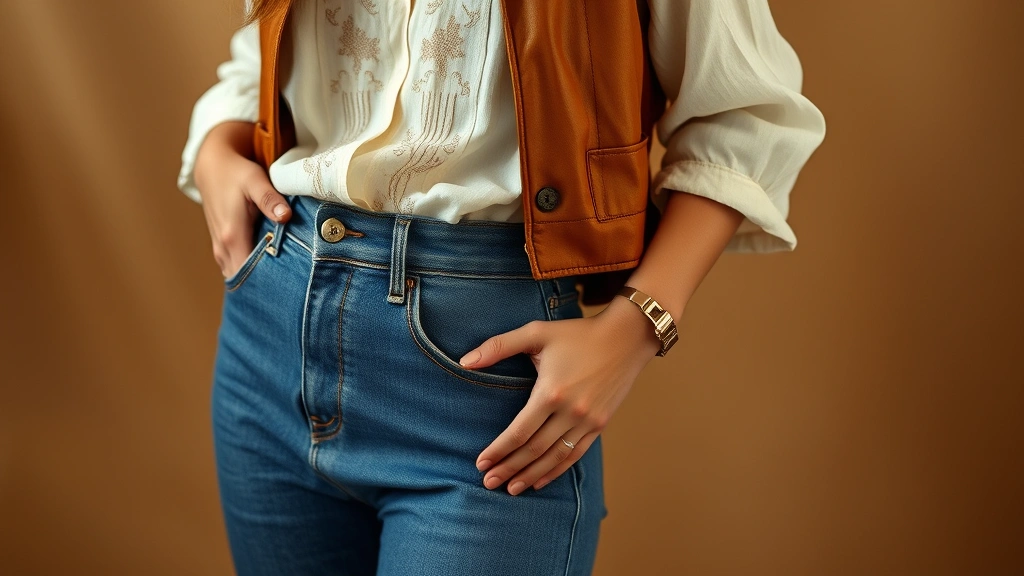 Woman wearing high-waisted vintage denim with cream embroidered blouse tucked in, layered with cognac leather vest, silver jewelry, standing against warm neutral backdrop with soft natural lighting emphasizing the rich textures and authentic styling