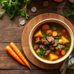 Overhead shot of rustic wooden table with steaming bowl of vegetable beef soup, fresh carrots and celery beside it, warm kitchen lighting, cozy atmosphere