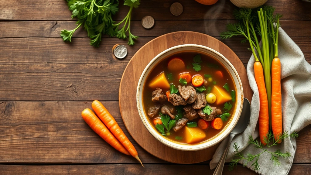 Overhead shot of rustic wooden table with steaming bowl of vegetable beef soup, fresh carrots and celery beside it, warm kitchen lighting, cozy atmosphere