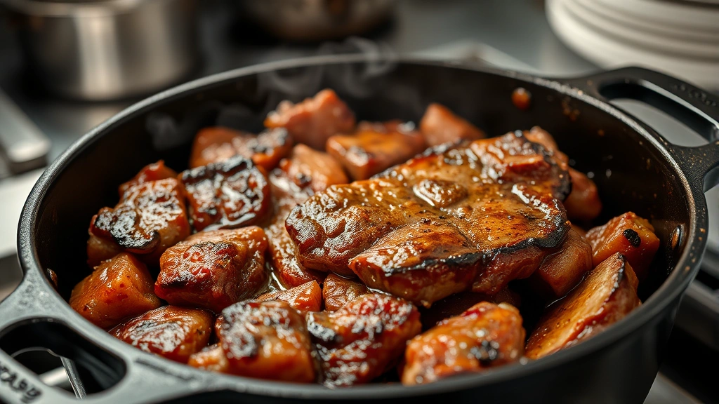 Close-up of beef searing in cast iron pot with caramelized crust, golden-brown chunks, aromatic smoke rising, professional kitchen setting