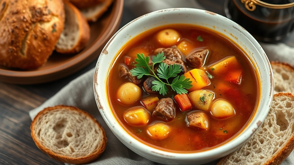 Finished bowl of old fashioned vegetable beef soup garnished with fresh parsley, crusty bread on side, soft natural light, inviting presentation