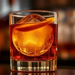 Close-up of perfectly crafted Old Fashioned cocktail in crystal rocks glass with single large ice sphere, amber whiskey gleaming under warm lighting, fresh citrus peel garnish, minimalist aesthetic, professional bar setting, photorealistic high-end photography
