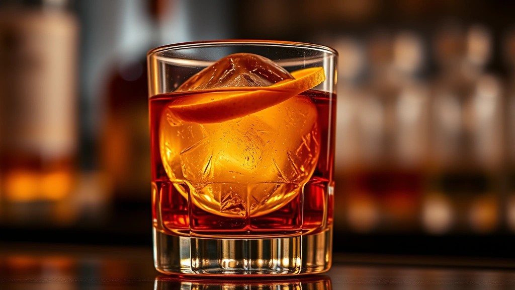 Close-up of perfectly crafted Old Fashioned cocktail in crystal rocks glass with single large ice sphere, amber whiskey gleaming under warm lighting, fresh citrus peel garnish, minimalist aesthetic, professional bar setting, photorealistic high-end photography
