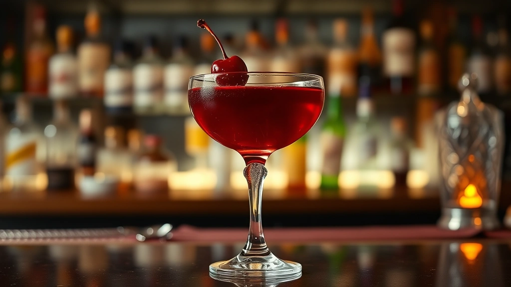Elegant Manhattan cocktail in vintage coupe glass with cherry garnish, deep burgundy color catching light beautifully, sophisticated bar counter background, soft warm lighting, luxury glassware, artistic composition emphasizing elegance and complexity