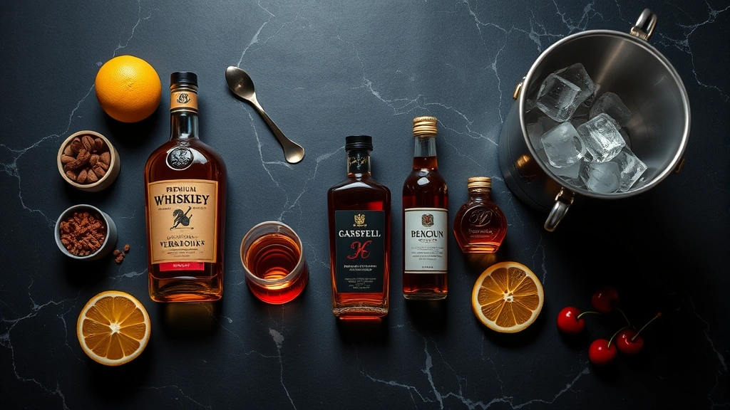 Flat lay styling of cocktail ingredients and tools: premium whiskey bottle, quality vermouth, aromatic bitters, bar spoon, fresh citrus, cherries, ice bucket, arranged on dark luxury surface with dramatic lighting emphasizing sophistication and craftsmanship