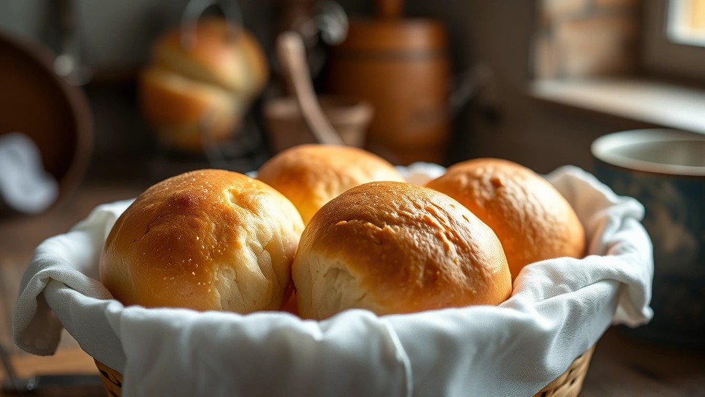 Close-up of golden-brown freshly baked yeast rolls in a ceramic basket lined with white linen, steam rising, warm natural lighting, rustic kitchen background