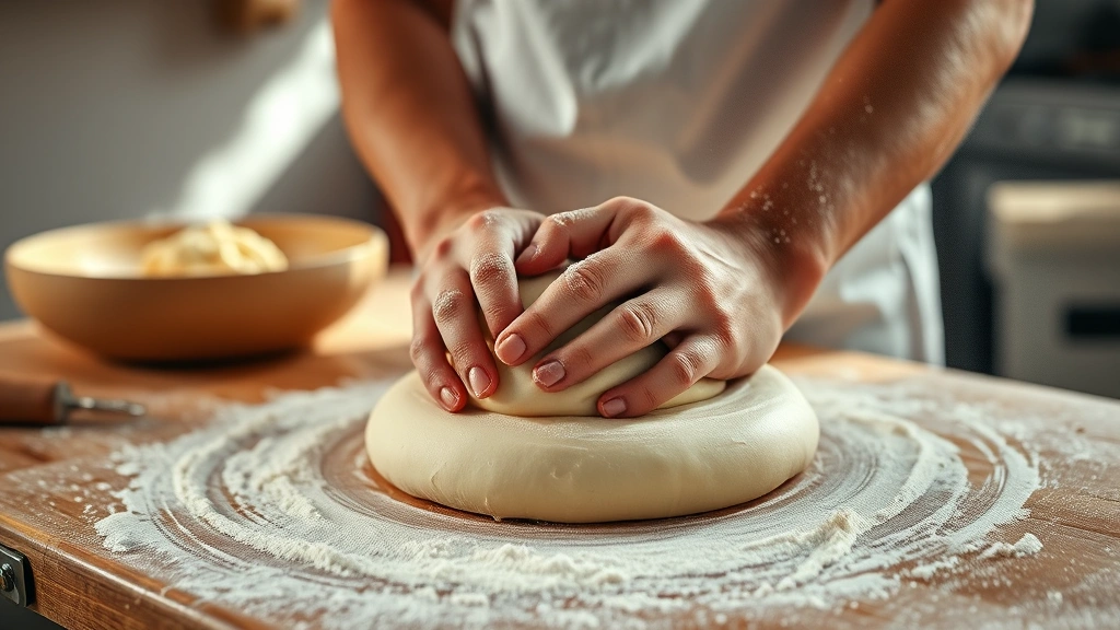 Baker's hands kneading smooth elastic dough on a floured wooden work surface, flour dust in the air, soft morning sunlight, professional kitchen setting