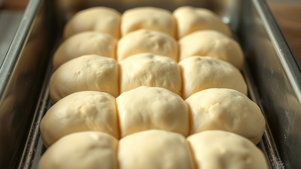 Three rows of perfectly shaped unbaked rolls in a greased baking pan proofing, puffy and nearly doubled, shallow depth of field, warm interior lighting