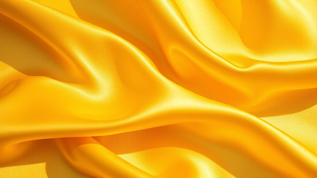 Luxury fashion detail shot of rich golden yellow silk charmeuse fabric draped elegantly, showing texture and depth, soft natural light creating luminous quality, high-end textile photography emphasizing material quality