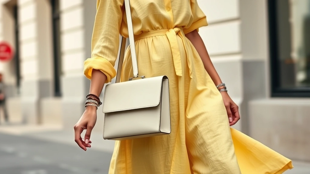 Contemporary street style image of person wearing structured pale yellow linen dress with neutral accessories, carrying minimal cream leather bag, walking in urban setting, modern casual elegance, daylight photography showing color harmony