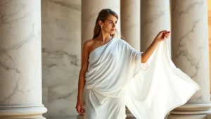 Woman wearing flowing white linen peplos with gold fibulae pins, standing in classical Greek pose against marble columns, demonstrating ancient draping technique and elegant simplicity