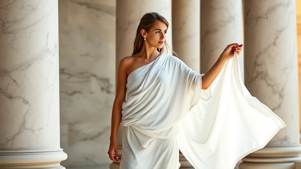 Woman wearing flowing white linen peplos with gold fibulae pins, standing in classical Greek pose against marble columns, demonstrating ancient draping technique and elegant simplicity