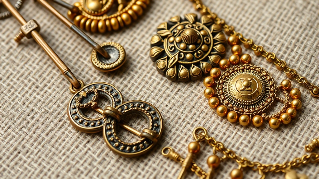 Close-up detail of intricate bronze fibulae pins and decorative gold jewelry arranged on natural linen fabric, showcasing ancient Greek craftsmanship and metalwork artistry
