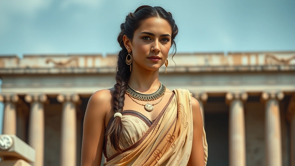 Ancient Greek woman in elaborate Ionic chiton with decorative borders, wearing gold accessories and braided hairstyle, photographed against classical architectural background showing timeless elegance