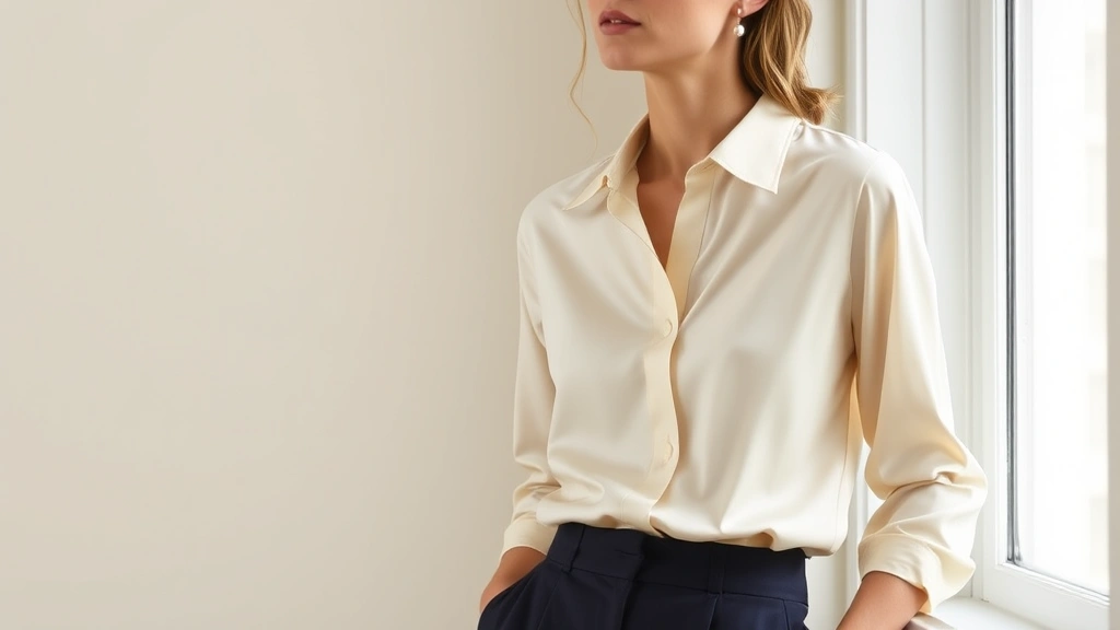 Sophisticated woman wearing classic cream silk blouse tucked into tailored navy wool trousers, standing by a window with natural light, embodying understated elegance and quiet luxury aesthetic, pearl studs visible, neutral background