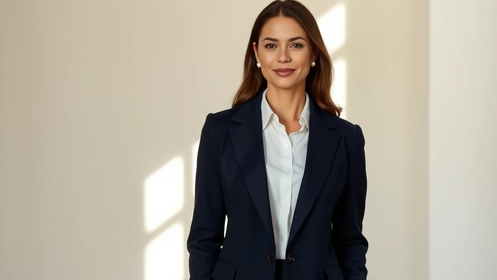 Elegant woman wearing a cream linen button-down shirt, perfectly tailored navy blazer, and delicate pearl stud earrings, standing in a sunlit neutral room, radiating quiet confidence and refined sophistication