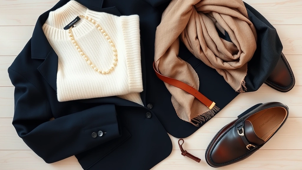 Flat lay overhead shot featuring cream cashmere sweater folded, navy wool blazer, silk scarf in neutral tones, pearl necklace, quality leather belt with simple buckle, and polished leather loafers on light wood surface with soft natural lighting