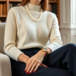 Woman wearing cream cashmere sweater with tailored navy wool trousers, pearl necklace, simple gold watch, leather loafers, seated in elegant library setting with natural lighting emphasizing fabric texture and refined simplicity