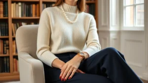 Woman wearing cream cashmere sweater with tailored navy wool trousers, pearl necklace, simple gold watch, leather loafers, seated in elegant library setting with natural lighting emphasizing fabric texture and refined simplicity