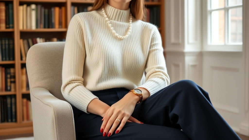 Woman wearing cream cashmere sweater with tailored navy wool trousers, pearl necklace, simple gold watch, leather loafers, seated in elegant library setting with natural lighting emphasizing fabric texture and refined simplicity