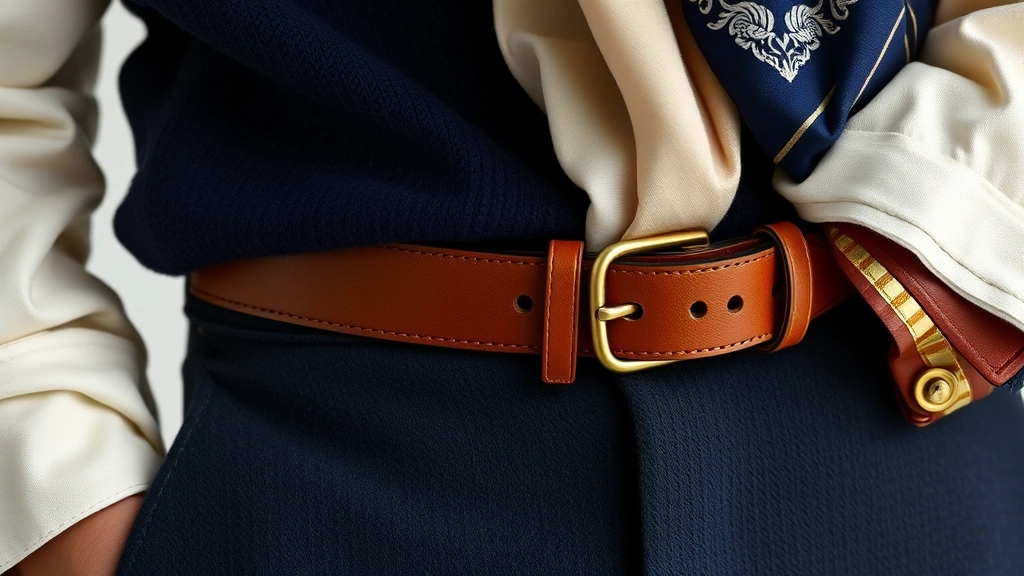 Close-up detail shot of quality materials: folded cream linen shirt, navy cashmere sweater, leather belt, silk scarf with subtle pattern, gold bracelet, emphasizing texture and craftsmanship without branding
