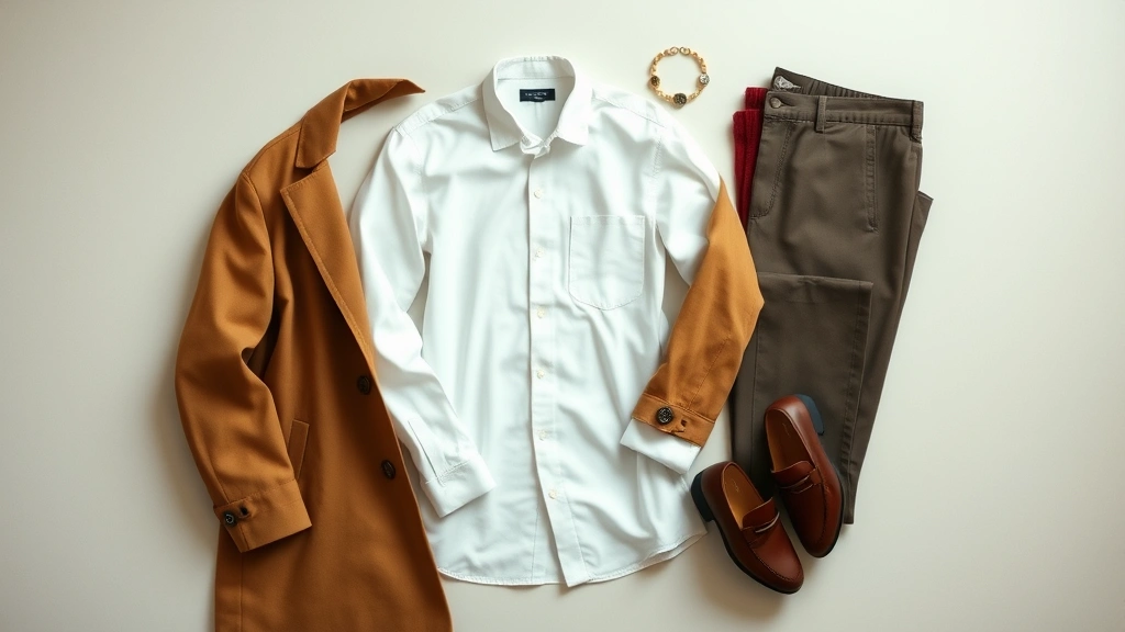 Styled flat lay of old money wardrobe essentials: white button-down shirt, camel trench coat, burgundy sweater, tailored trousers, leather loafers, simple jewelry pieces arranged on neutral background with soft shadows