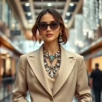 Fashion-forward woman in elegant maximalist outfit at upscale mall, wearing oversized neutral blazer with bold architectural jewelry, mixed metallic accessories, professional photography, natural lighting, sophisticated ambiance