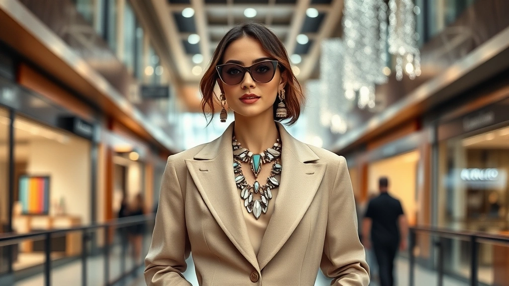 Fashion-forward woman in elegant maximalist outfit at upscale mall, wearing oversized neutral blazer with bold architectural jewelry, mixed metallic accessories, professional photography, natural lighting, sophisticated ambiance