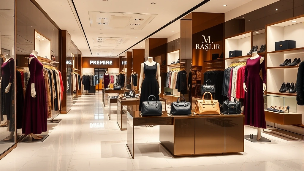 Luxury retail boutique interior at high-end mall, displaying premiere fashion collections with jewel-tone dresses, structured handbags, elegant footwear on display, soft warm lighting, refined aesthetic, professional store environment