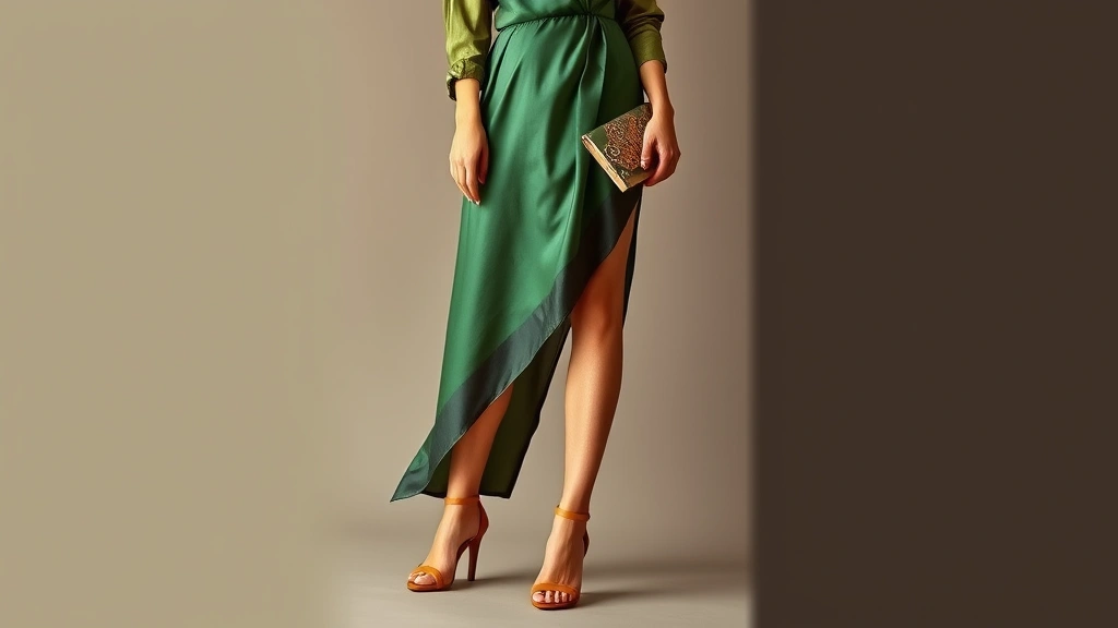 Woman wearing sustainable luxury premiere outfit with silk fabric, vintage-inspired clutch, statement heels, demonstrating color psychology in fashion with jewel tones and neutral palette coordination, elegant posture, professional portrait quality