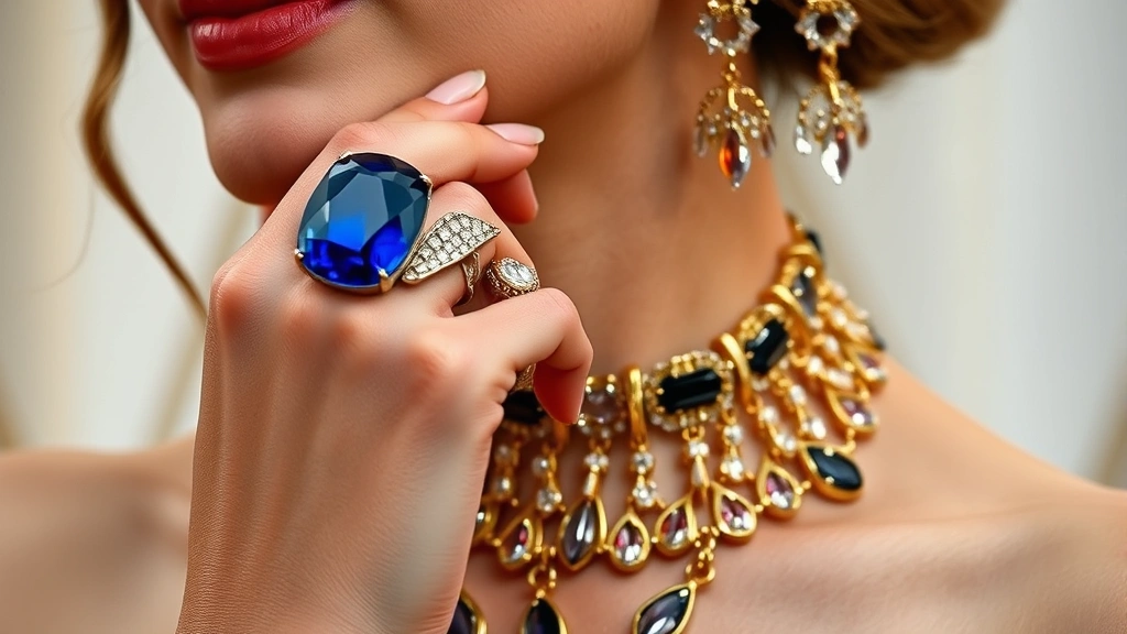 Close-up of luxury jewelry details on Oscar attendee: oversized sapphire cocktail ring, layered gold necklaces with gemstones, chandelier earrings catching light, professional fashion photography styling