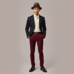 Young person wearing structured black blazer with cream dress shirt, high-waisted burgundy trousers, polished oxford shoes, and vintage fedora hat, standing confidently against neutral background, professional tailoring emphasized