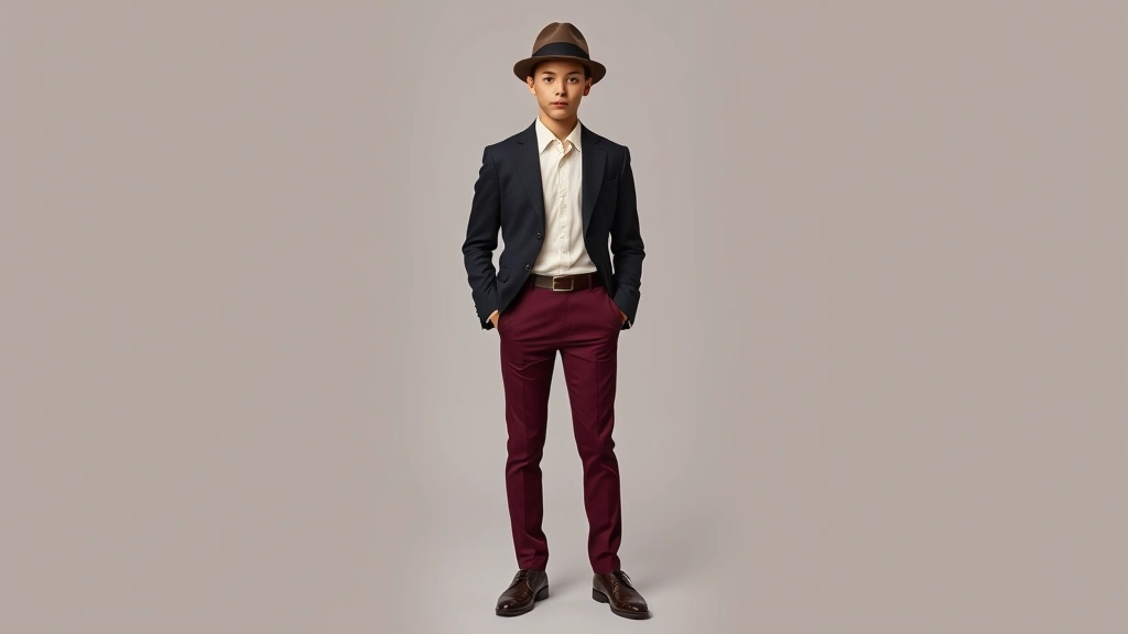 Young person wearing structured black blazer with cream dress shirt, high-waisted burgundy trousers, polished oxford shoes, and vintage fedora hat, standing confidently against neutral background, professional tailoring emphasized
