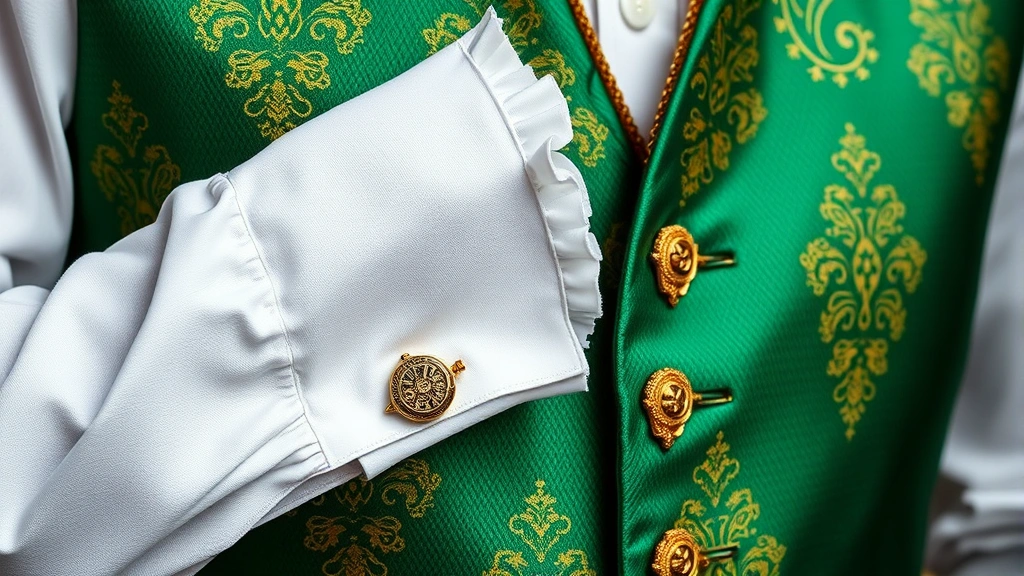 Close-up detail shot of luxurious brocade waistcoat in emerald green with intricate gold embroidery patterns, paired with crisp white dress shirt featuring delicate ruffled cuffs, ornate pocket watch chain visible