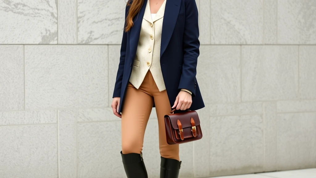 Full-length ouji fashion styling featuring tailored navy blazer, cream waistcoat with subtle patterns, knee-high black boots with polished finish, small vintage satchel bag, sophisticated overall presentation in natural lighting