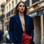 Elegant model wearing oversized tailored blazer in jewel sapphire tone with structured silhouette, walking through Parisian street, soft natural lighting, haute couture fashion photography