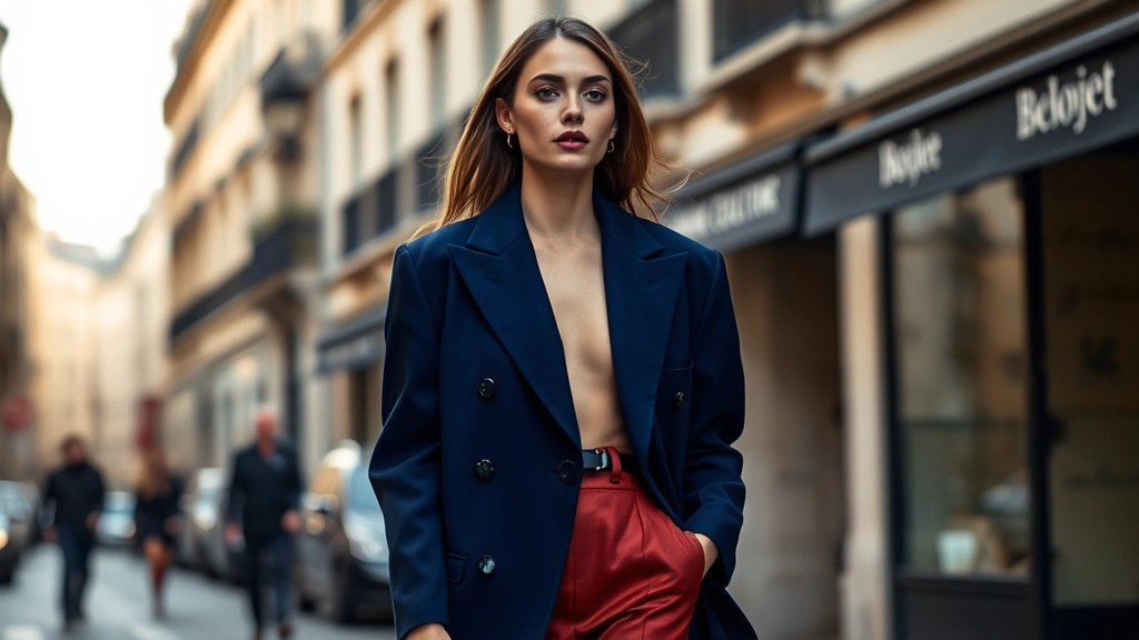 Elegant model wearing oversized tailored blazer in jewel sapphire tone with structured silhouette, walking through Parisian street, soft natural lighting, haute couture fashion photography