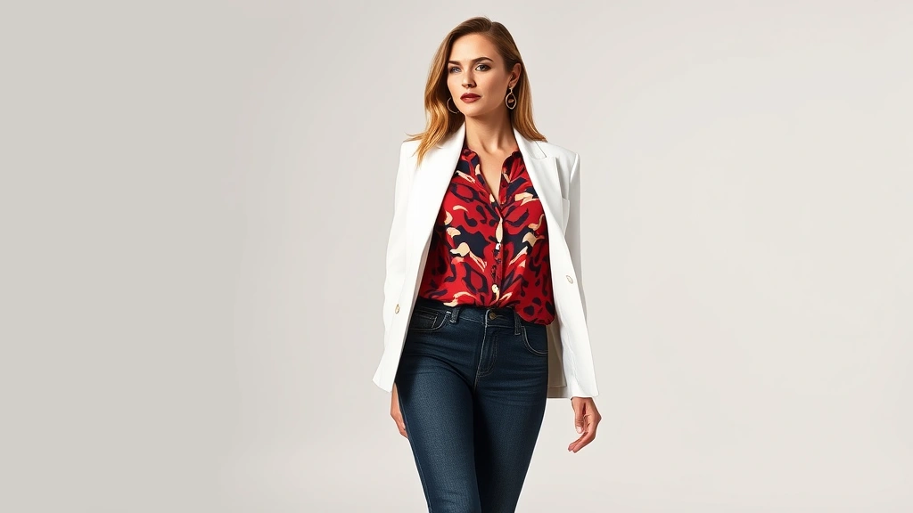 Woman in white structured blazer with bold patterned blouse and dark bootcut jeans, demonstrating proportion balance, modern fashion shoot, studio lighting