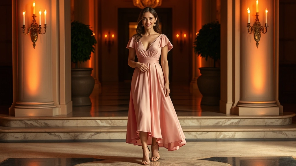 Evening look featuring pink rose midi dress styled with elegant gold accessories and neutral heels, warm ambient lighting creating sophisticated mood