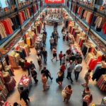Overhead shot of vibrant Platinum Fashion Mall interior showing multiple vendor stalls with colorful clothing displays, diverse shoppers browsing merchandise, warm lighting highlighting fabric textures and colors, bustling Bangkok fashion marketplace atmosphere